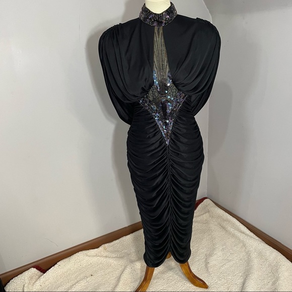 Vintage Dresses & Skirts - Vintage 80s Bodycon fitted touched midi cocktail dress beaded evening gown LBD